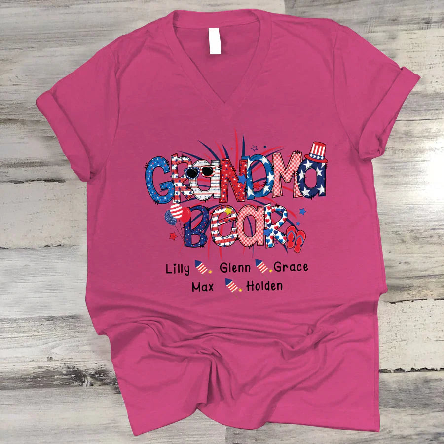 Patriotic Doodle 4th Of July Grandma Bear And Grandkid CTH01 V-Neck