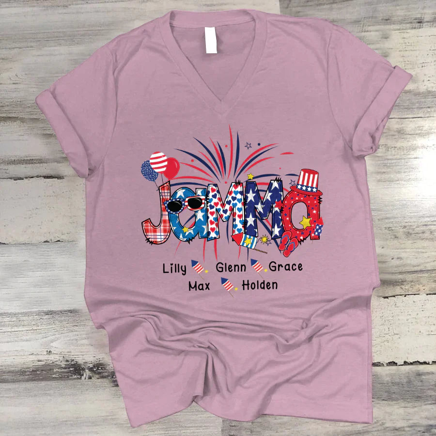 Patriotic Doodle 4th Of July Jamma And Grandkid CTH01 V-Neck
