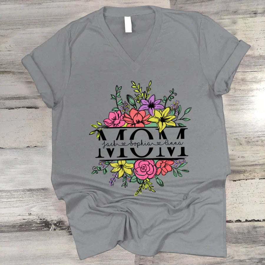 Personalize Mom And Kids Flowers Watercolor V-Neck