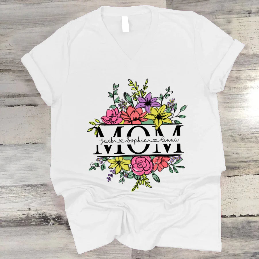 Personalize Mom And Kids Flowers Watercolor V-Neck