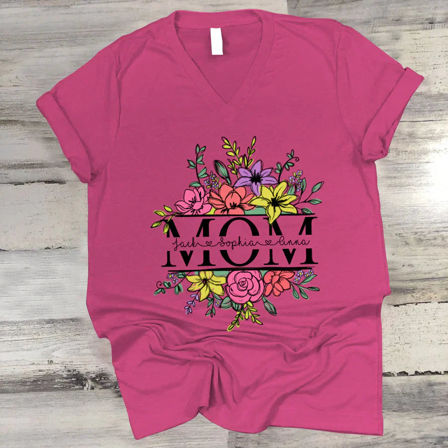 Personalize Mom And Kids Flowers Watercolor V-Neck