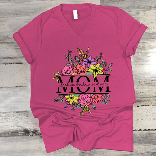 Personalize Mom And Kids Flowers Watercolor V-Neck