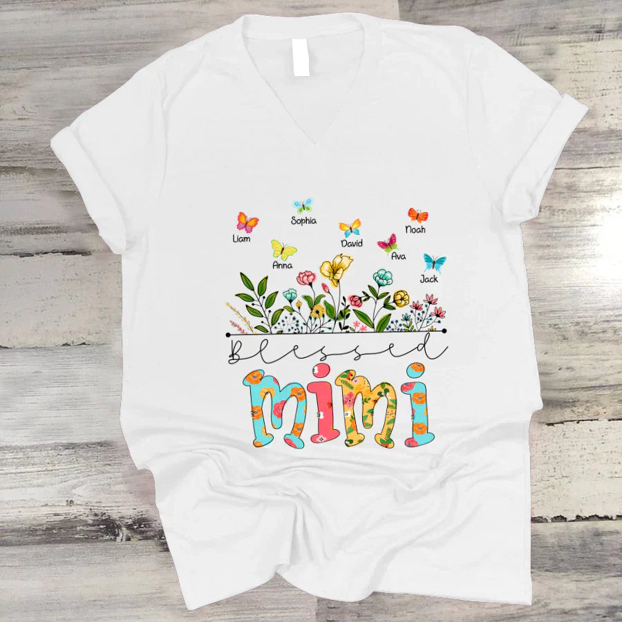 Personalized Blessed Mimi Wildflowers And Butterflies Shirts For Grandma V-Neck
