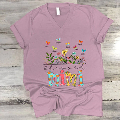 Personalized Blessed Mimi Wildflowers And Butterflies Shirts For Grandma V-Neck