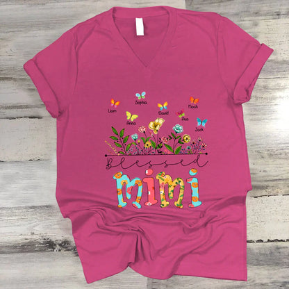 Personalized Blessed Mimi Wildflowers And Butterflies Shirts For Grandma V-Neck