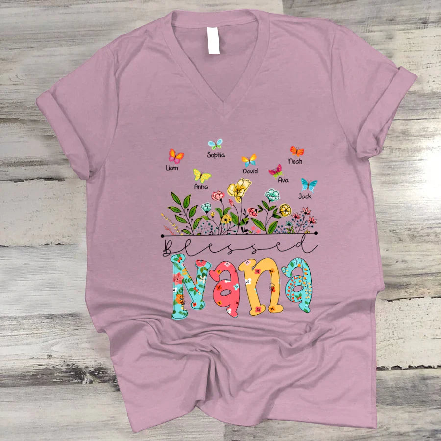 Personalized Blessed Nana Wildflowers And Butterflies Shirts For Grandma V-Neck
