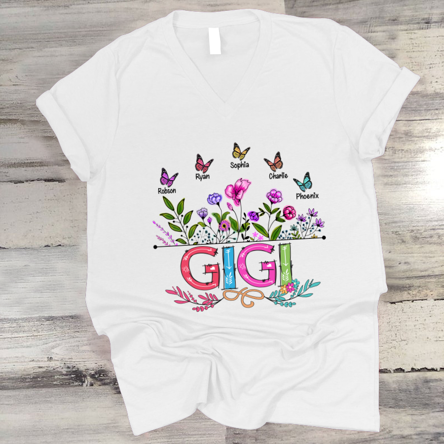 Personalized Gigi And Grandkids Butterfly V-Neck