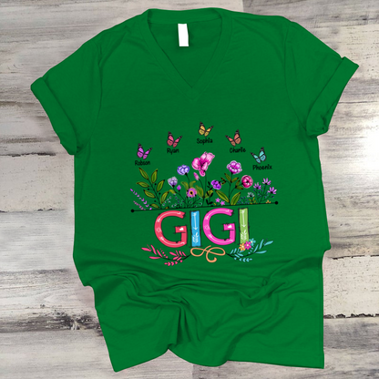 Personalized Gigi And Grandkids Butterfly V-Neck