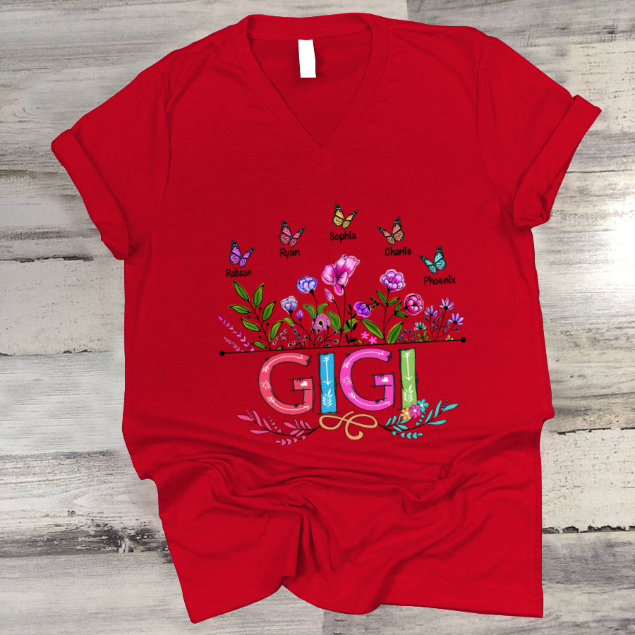 Personalized Gigi And Grandkids Butterfly V-Neck