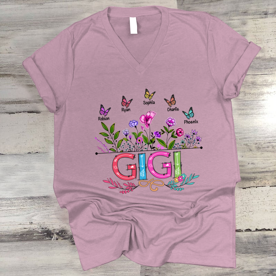 Personalized Gigi And Grandkids Butterfly V-Neck