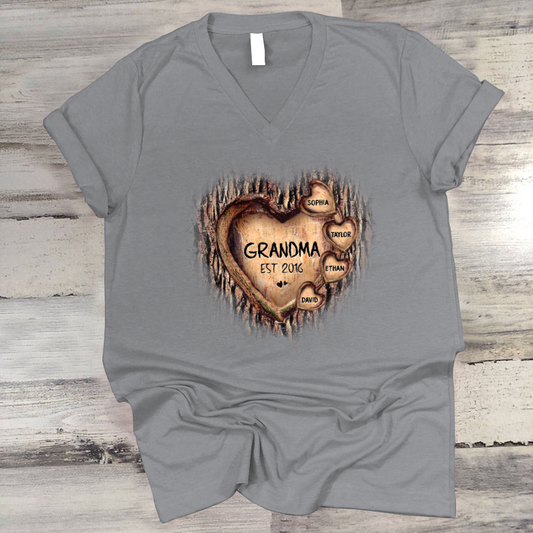 Personalized Grandma And Grandkids Hearts Tree Art V-Neck