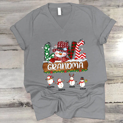 Personalized Grandma Snowman Shirt Grandma With Grandkids Name Christmas V-Neck