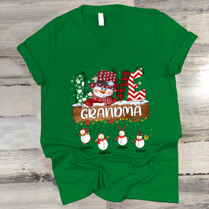 Personalized Grandma Snowman Shirt Grandma With Grandkids Name Christmas V-Neck