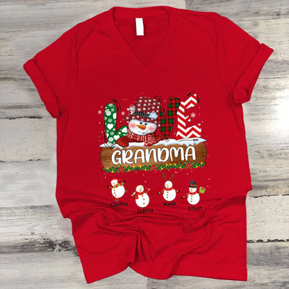 Personalized Grandma Snowman Shirt Grandma With Grandkids Name Christmas V-Neck