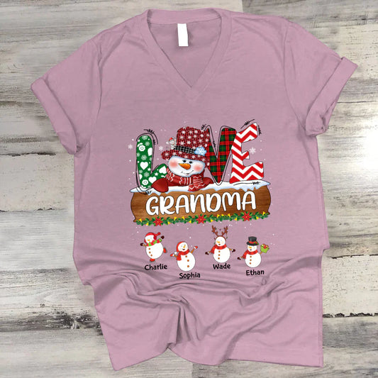 Personalized Grandma Snowman Shirt Grandma With Grandkids Name Christmas V-Neck