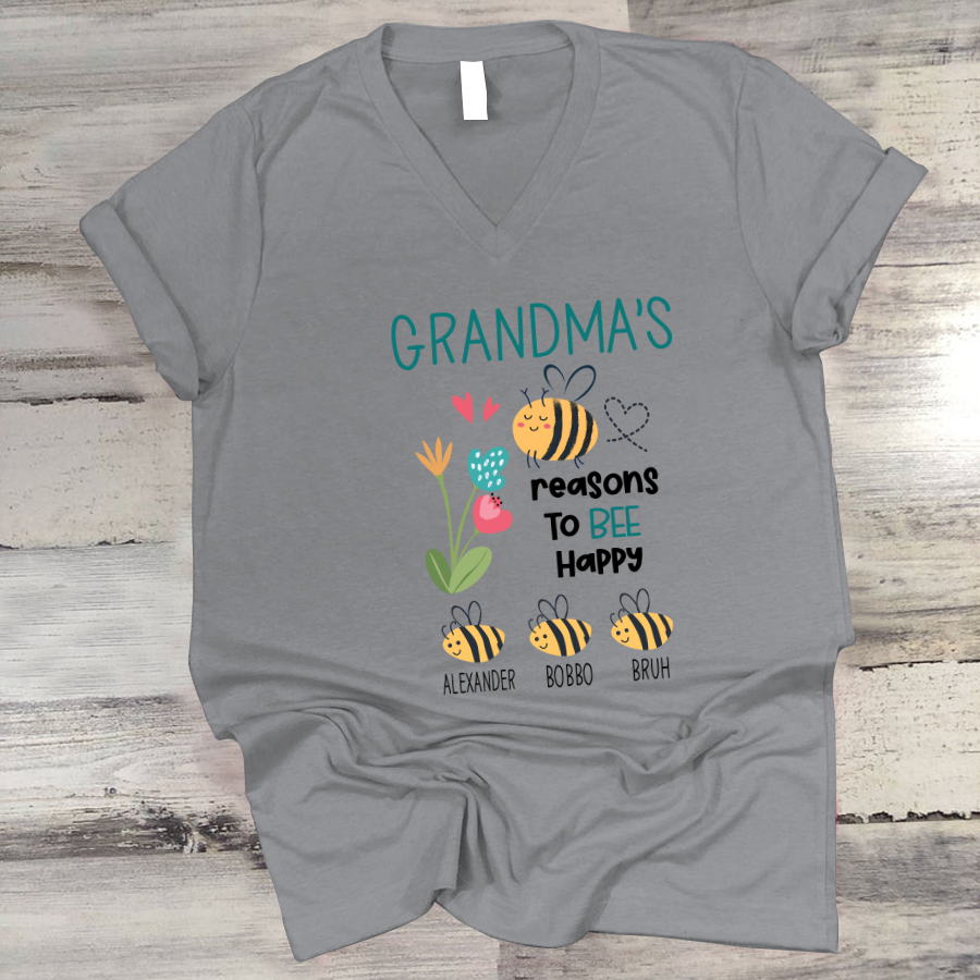 Personalized Grandma's reasons to bee happy and kids V-Neck