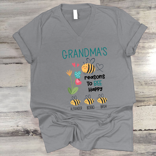 Personalized Grandma's reasons to bee happy and kids V-Neck