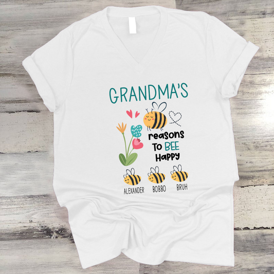 Personalized Grandma's reasons to bee happy and kids V-Neck