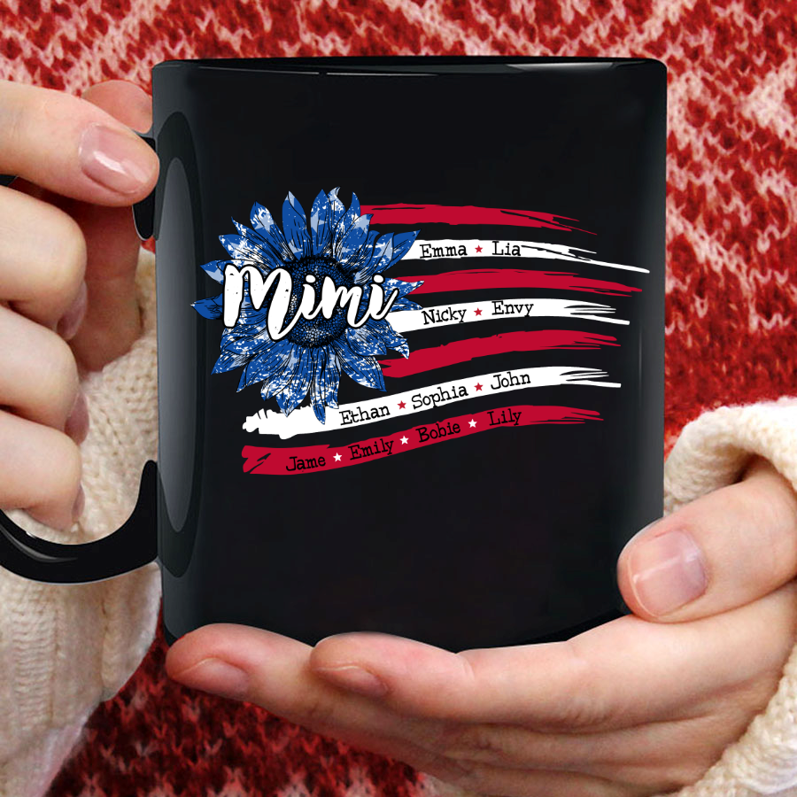 Personalized Grandma with Grandkids Sunflower American Flag  Mug