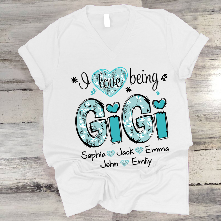 Personalized I love being Gigi Flower Custom Names And Grandkids Mother's Day V-Neck
