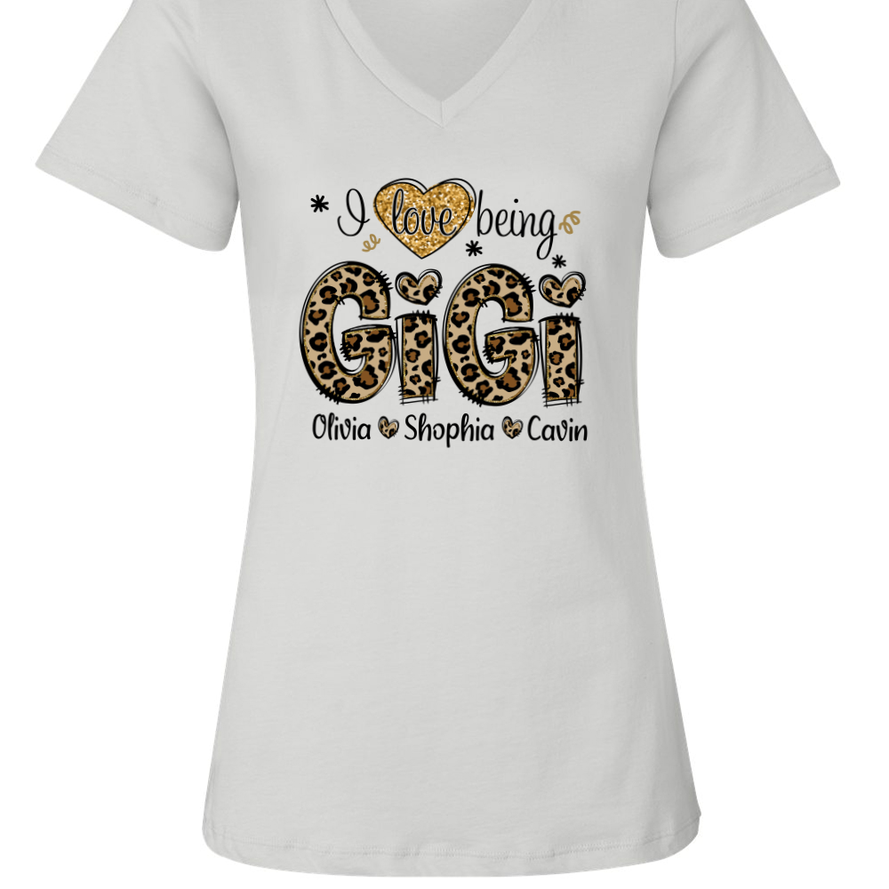 Personalized I love being Gigi Shirt, Custom Grandma With Grandkids Glitter Leopard V-Neck