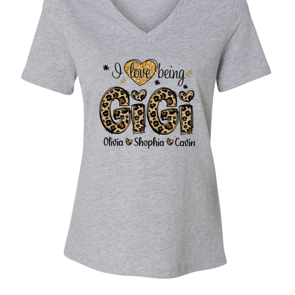 Personalized I love being Gigi Shirt, Custom Grandma With Grandkids Glitter Leopard V-Neck