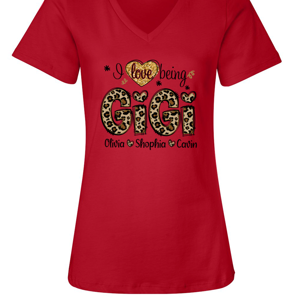 Personalized I love being Gigi Shirt, Custom Grandma With Grandkids Glitter Leopard V-Neck