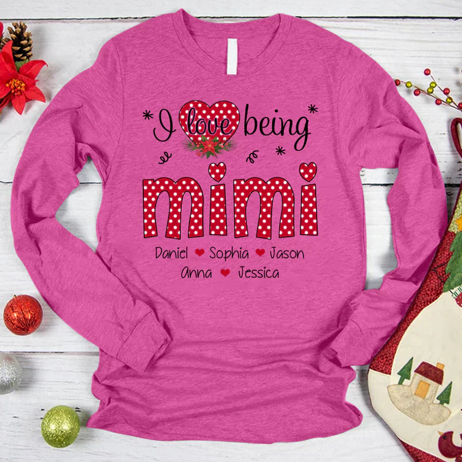 Personalized I love being Mimi Grandma Heart Grandkid Names 2022 Longsleeve