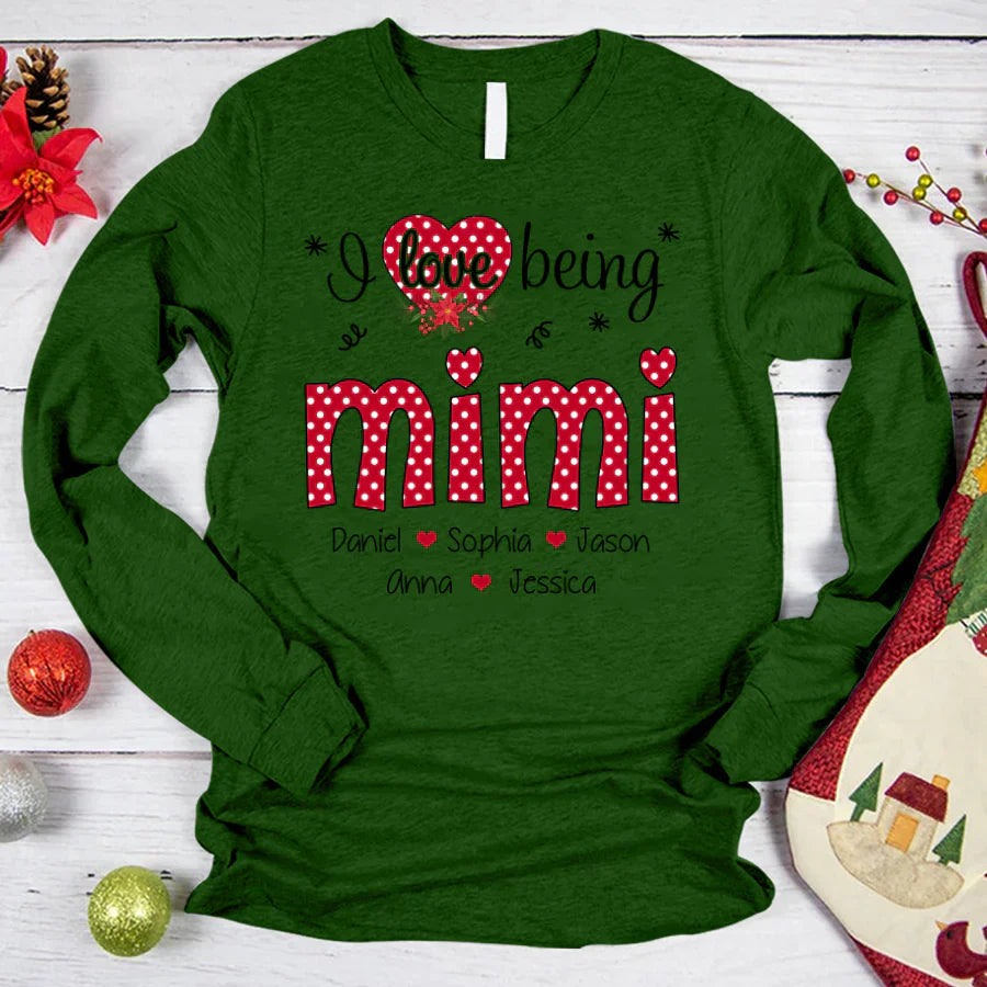 Personalized I love being Mimi Grandma Heart Grandkid Names 2022 Longsleeve