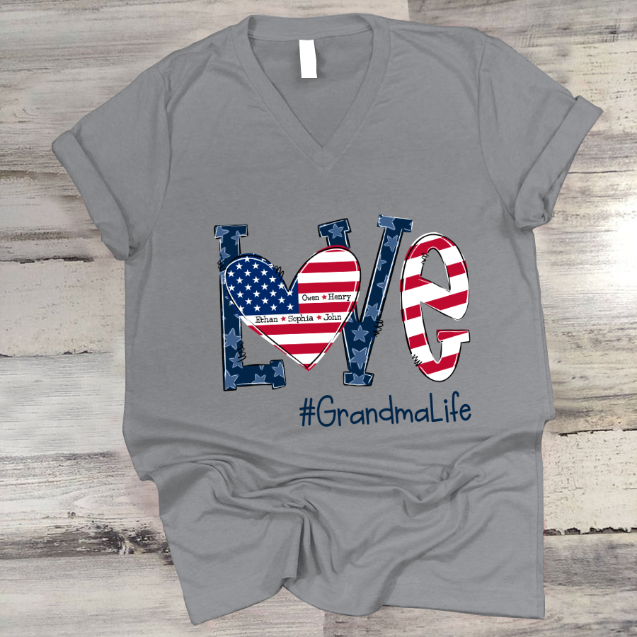 Personalized Love Grandma Life American Flag V-Neck