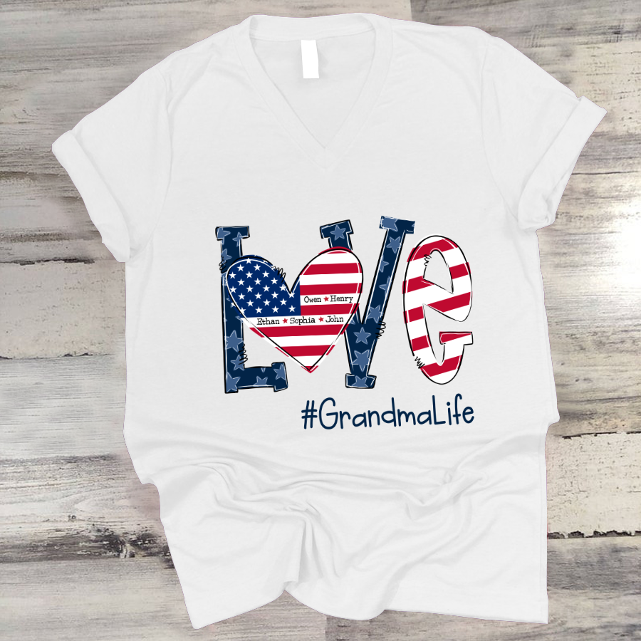 Personalized Love Grandma Life American Flag V-Neck