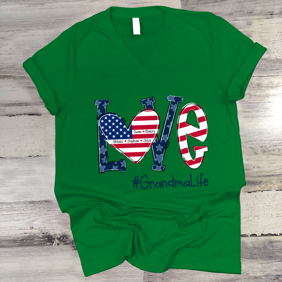 Personalized Love Grandma Life American Flag V-Neck