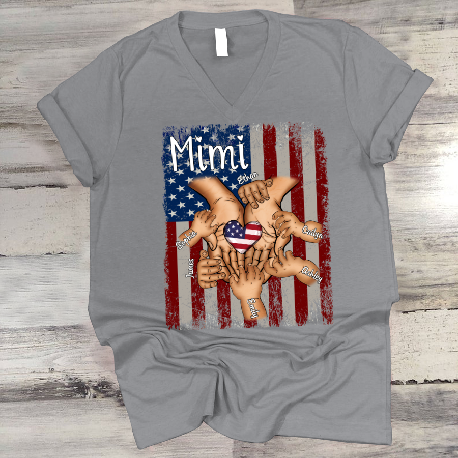Personalized Mimi And Grandkids Hands Flag V-Neck