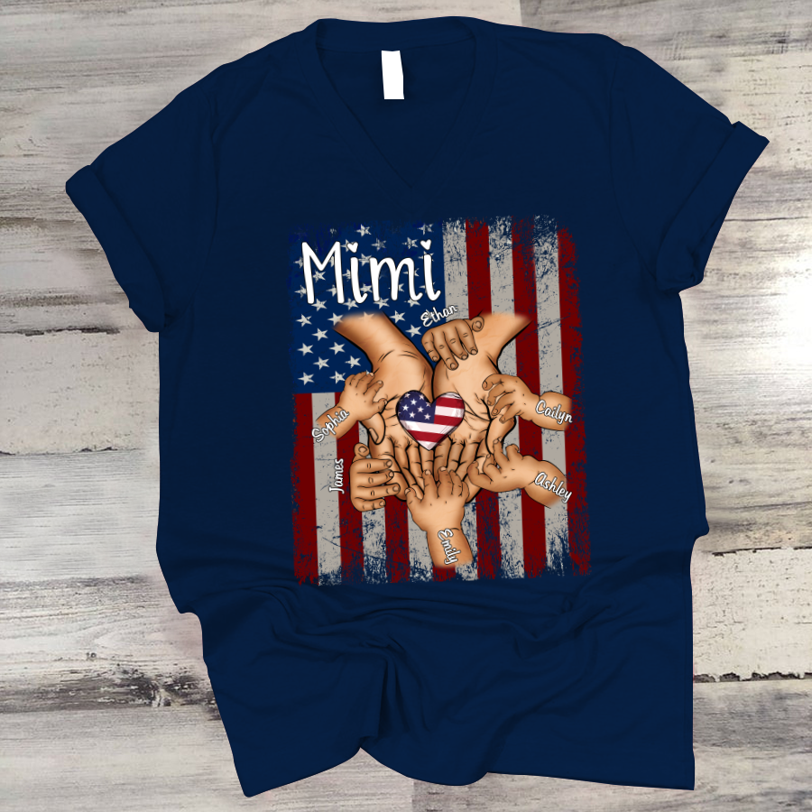 Personalized Mimi And Grandkids Hands Flag V-Neck
