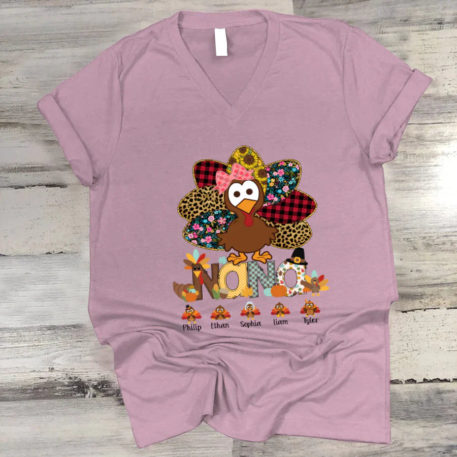 Personalized Nana Thanksgiving Turkey Floral Leopard 2022 V-Neck