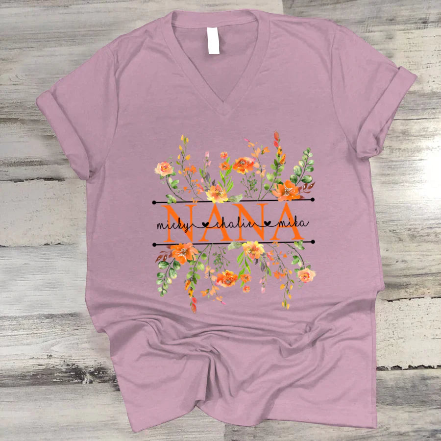 Summer Flowers Nana And Grandkids CTH01 V-Neck