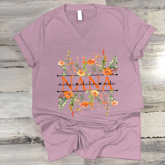 Summer Flowers Nana And Grandkids CTH01 V-Neck