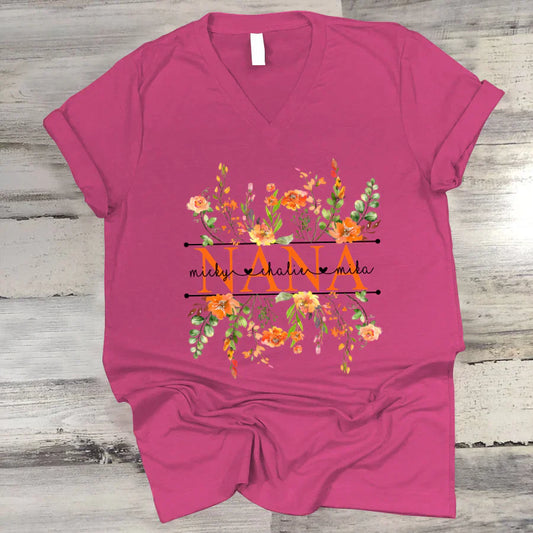 Summer Flowers Nana And Grandkids CTH01 V-Neck