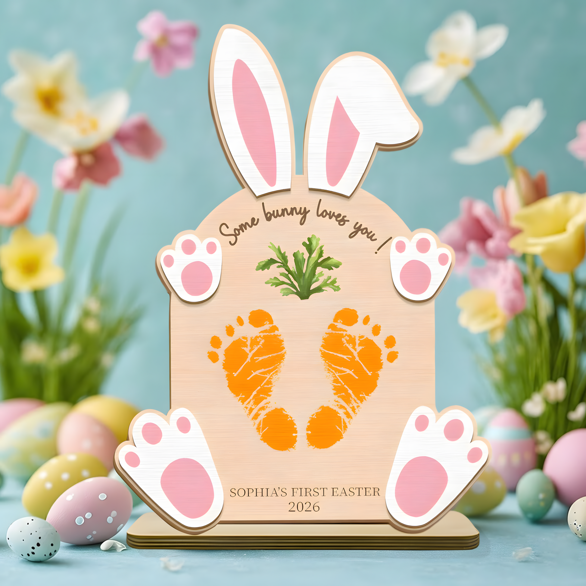 Personalized First Easter Wooden Plaque - "Some Bunny Loves You" with Baby’s Footprints, Custom Name and Date