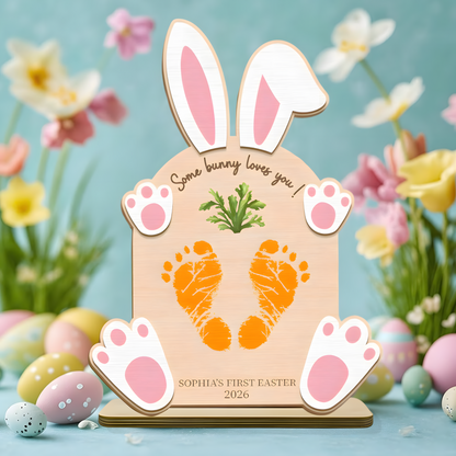 Personalized First Easter Wooden Plaque - "Some Bunny Loves You" with Baby’s Footprints, Custom Name and Date