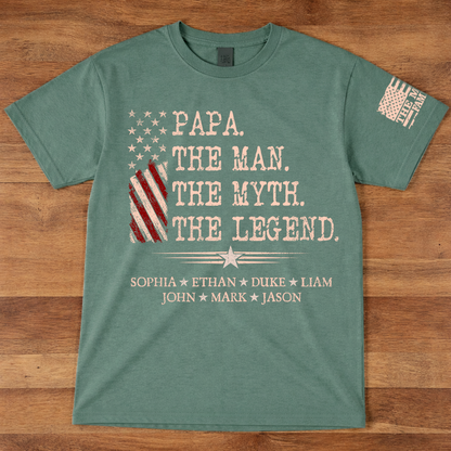 Custom Papa Shirt The Man The Myth The Legend with Kids Names, Vintage American Flag Dad Tee, Patriotic Gift for Father