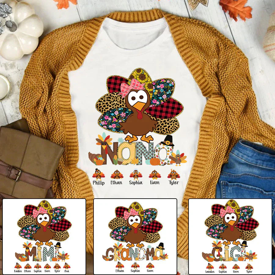 Personalized Nana Thanksgiving Turkey Floral Leopard T-Shirt