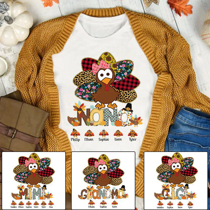 Personalized Nana Thanksgiving Turkey Floral Leopard T-Shirt