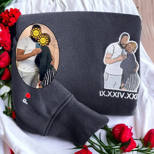 Personalized Embroidered Sweatshirt with Custom Couple Illustration