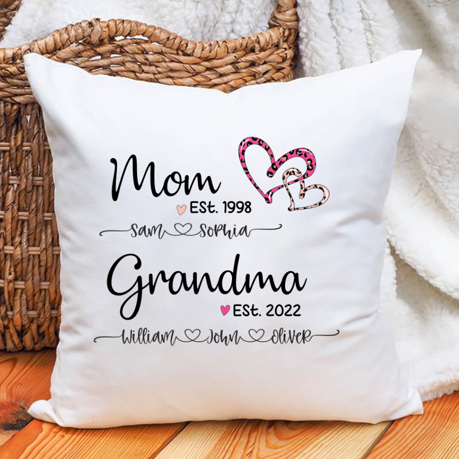 Mom Est Grandma Est And Kids Name Heart Pink Leopard Indoor Pillow