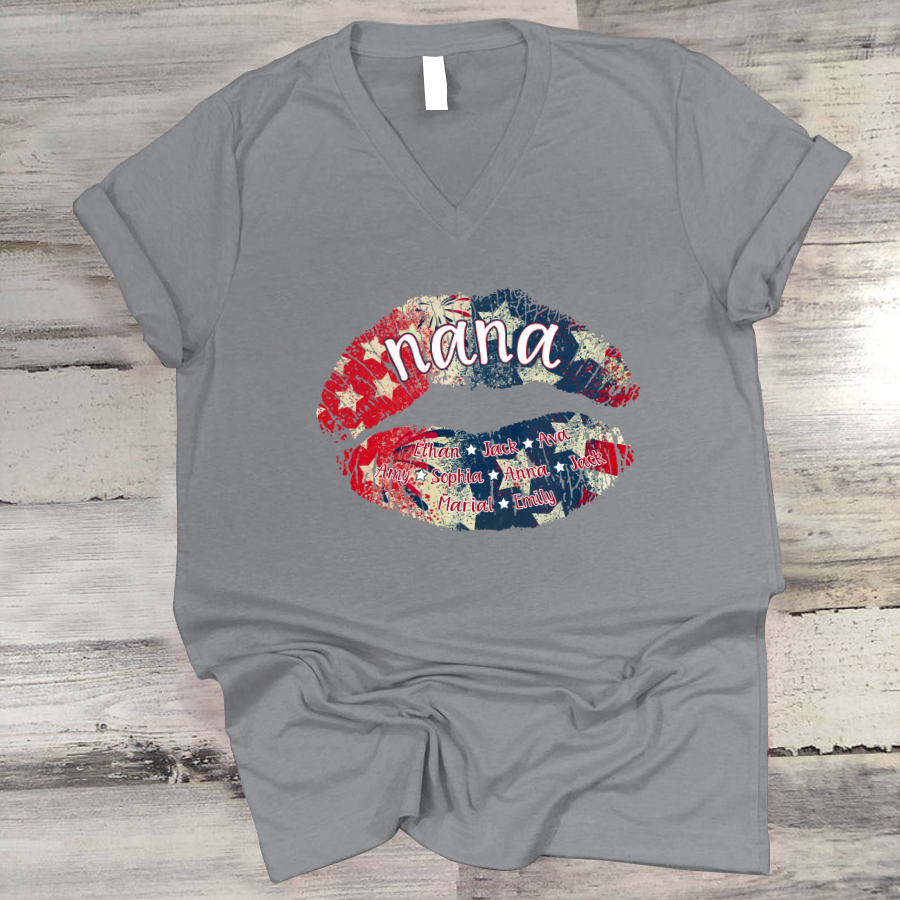 Nana Grandma American Flag Lips V-Neck