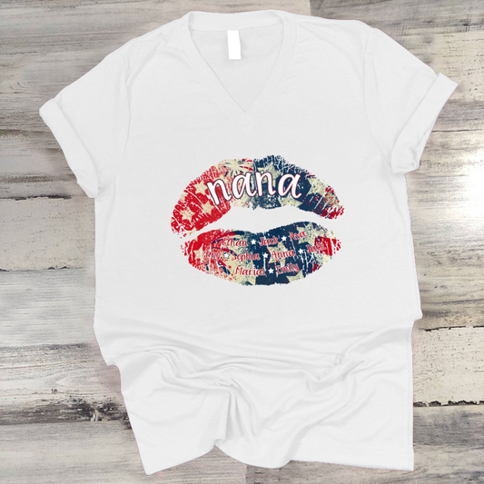 Nana Grandma American Flag Lips V-Neck