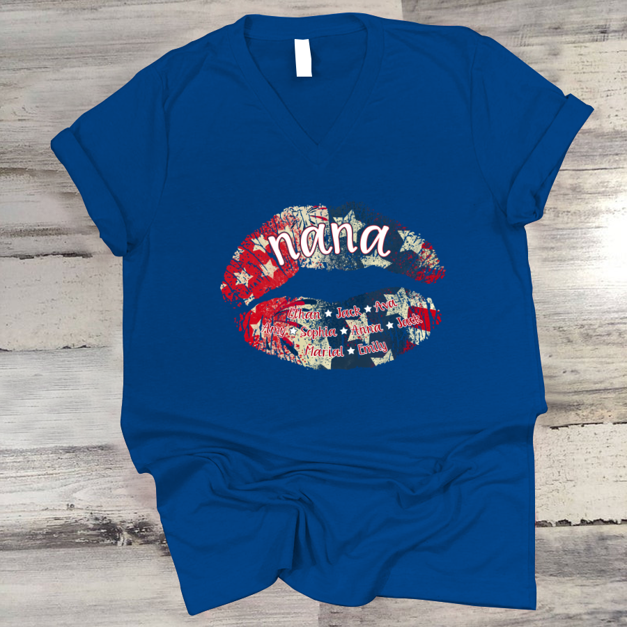 Nana Grandma American Flag Lips V-Neck