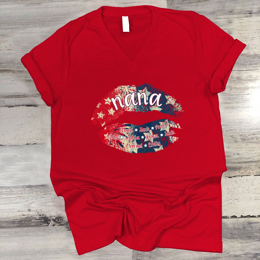 Nana Grandma American Flag Lips V-Neck