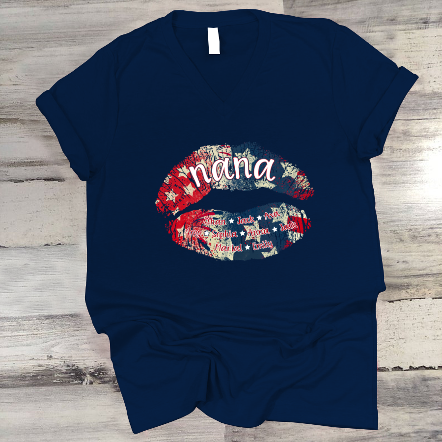 Nana Grandma American Flag Lips V-Neck